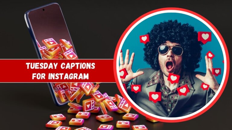 Promotional graphic featuring a smartphone displaying Instagram likes with a funky character in a wig, sunglasses, and a plaid suit reacting excitedly, framed by a circular border with hearts. Text reads "Tuesday