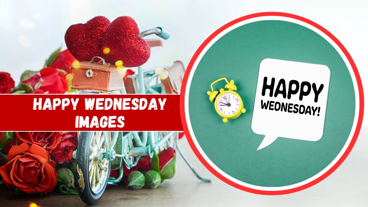 A vibrant collage with two sections: one side shows a miniature bicycle adorned with red hearts and roses, and the other side features a yellow alarm clock with "happy wednesday images" on a