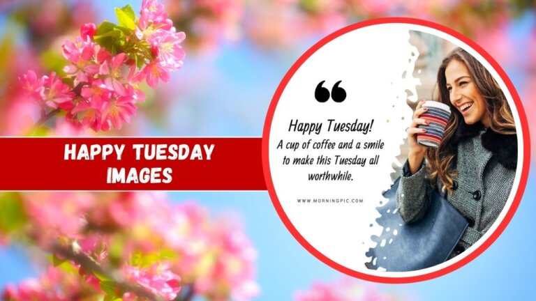 A vibrant Happy Tuesday image featuring a woman smiling and holding a coffee cup on one side, and blooming pink flowers on the other, with text saying "Happy Tuesday! A cup of coffee and a